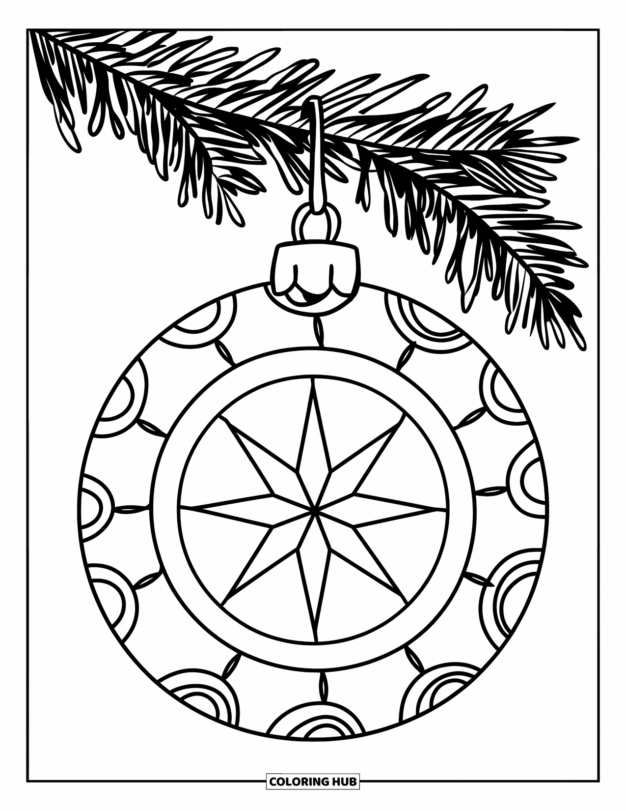 Ornament Coloring Page for Kids: Starburst ornament with scalloped edge dangles from a branch