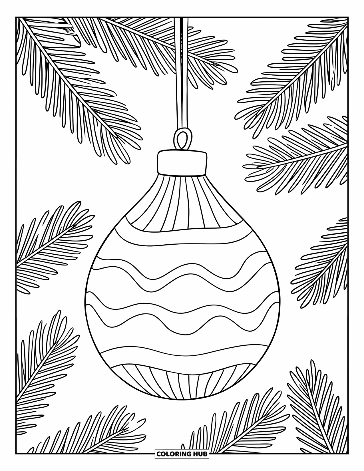 Ornament Coloring Page for Kids: Striped teardrop ornament with thick loops hangs from a branch