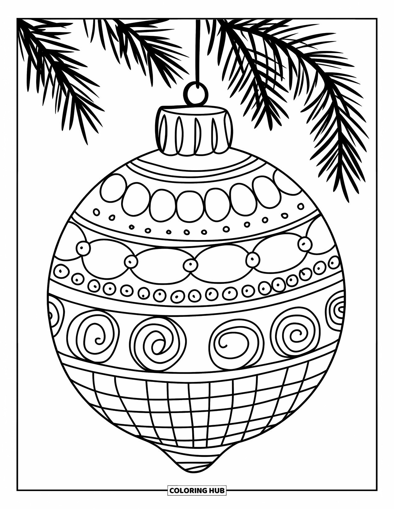 Ornament Coloring Page for Kids: Three-tiered ornament with dots, swirls, and grids hangs from a branch
