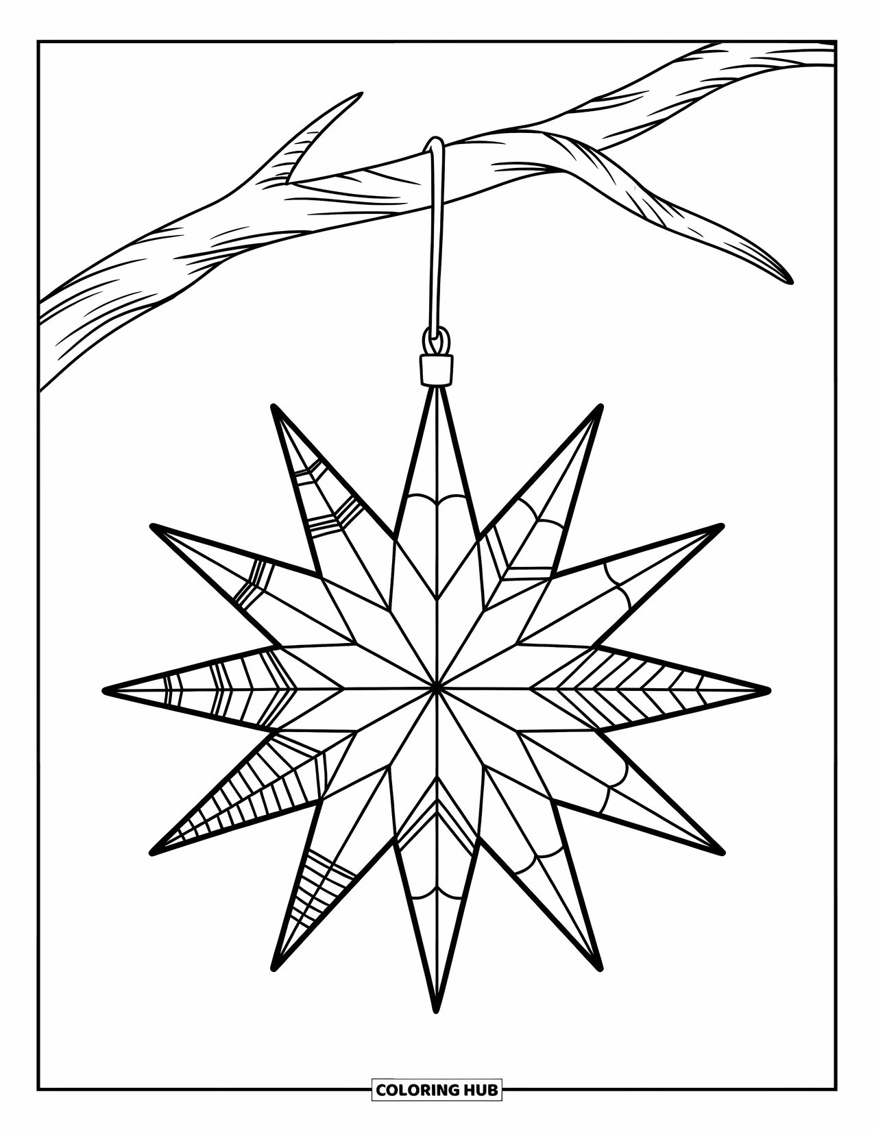 Ornament Coloring Page for Kids: Twelve-armed star ornament with swirls dangles from a twisty branch