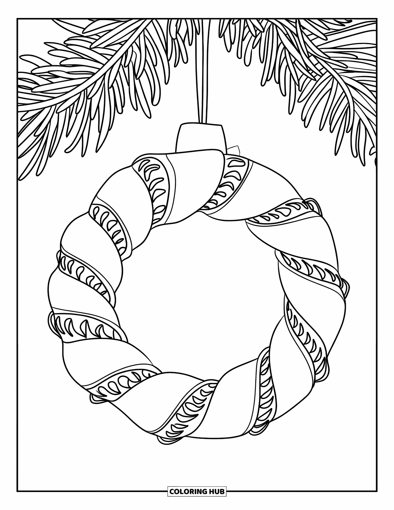 Ornament Coloring Page for Kids: Twisted ribbon ornament with curls dangles from a branch in a calm setting