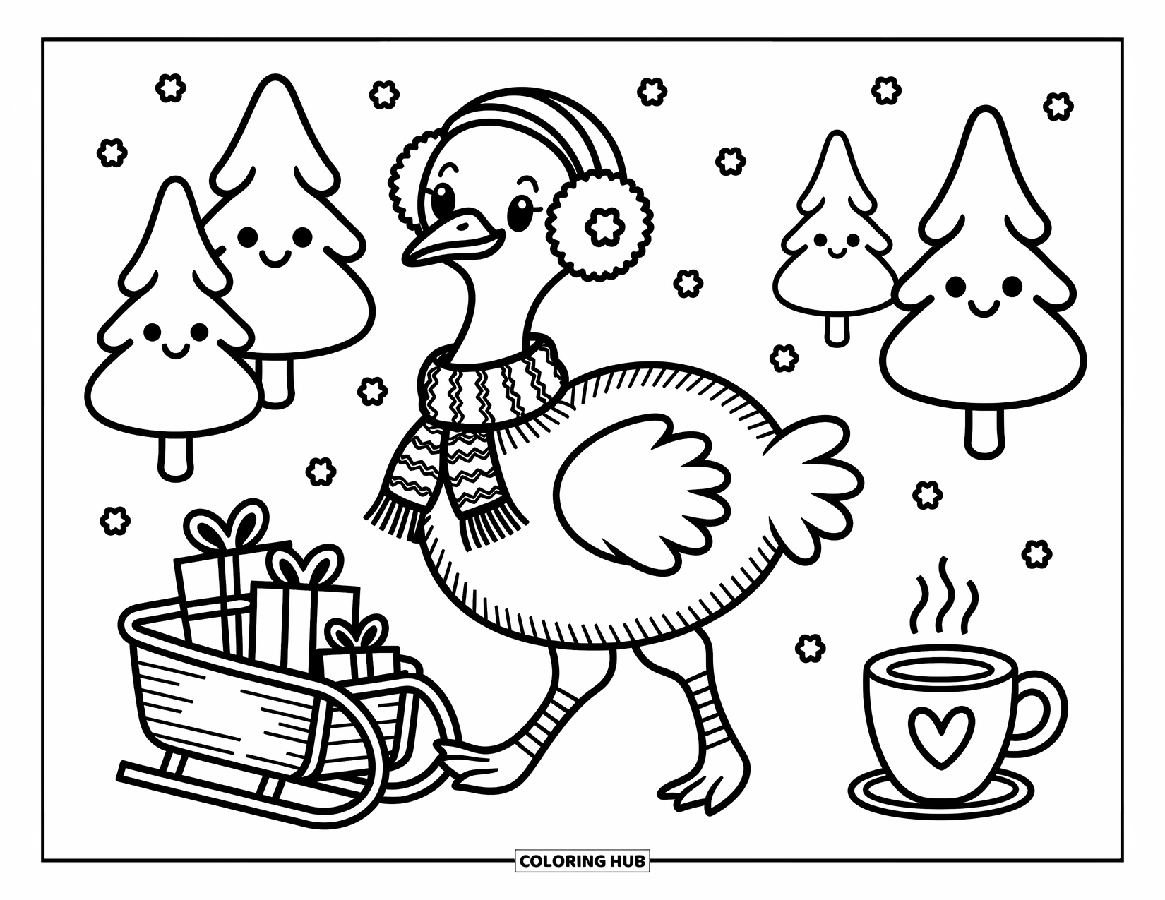 Ostrich Coloring Page for Adults: A bundled-up ostrich waddles through snow with gifts on a sled and heart-shaped mug