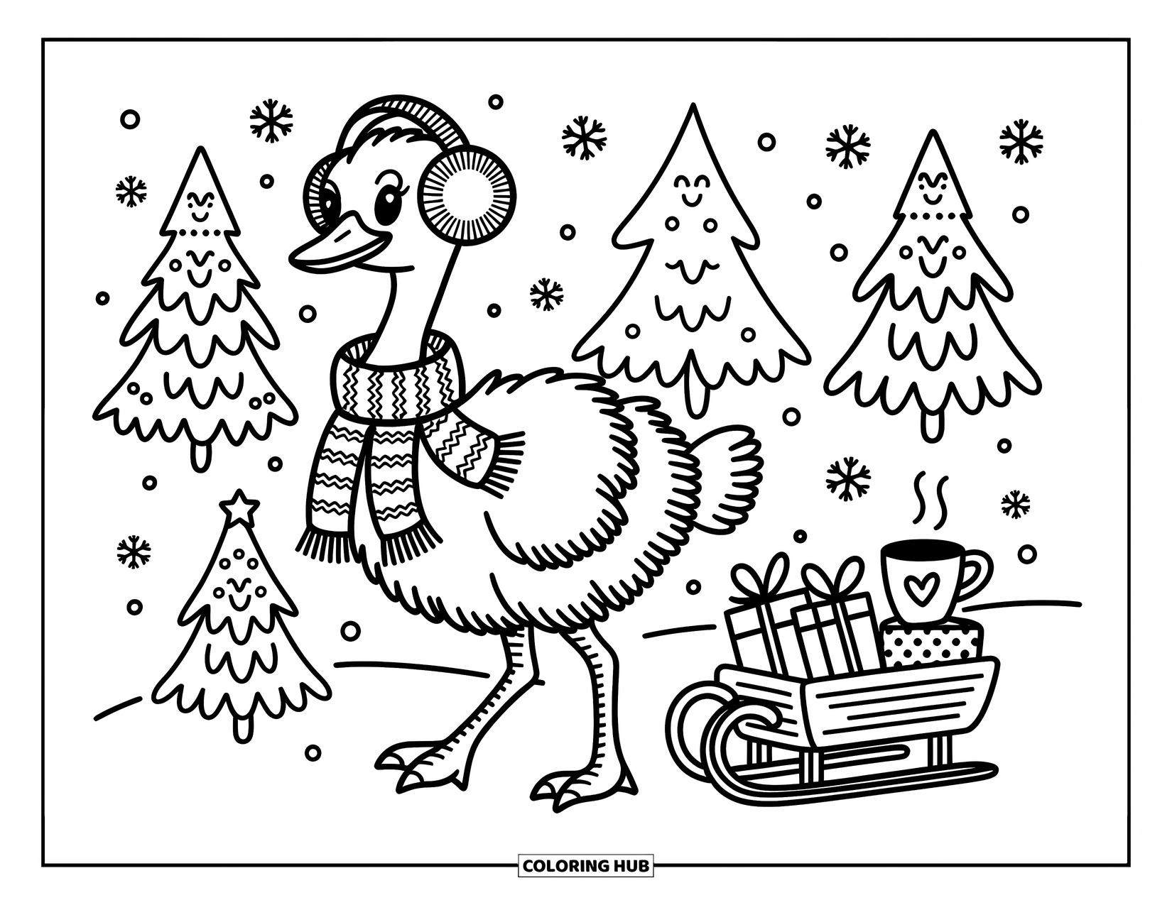 Ostrich Coloring Page for Adults: A cozy ostrich strolls through snowflakes with gifts and a heart mug on a little sled