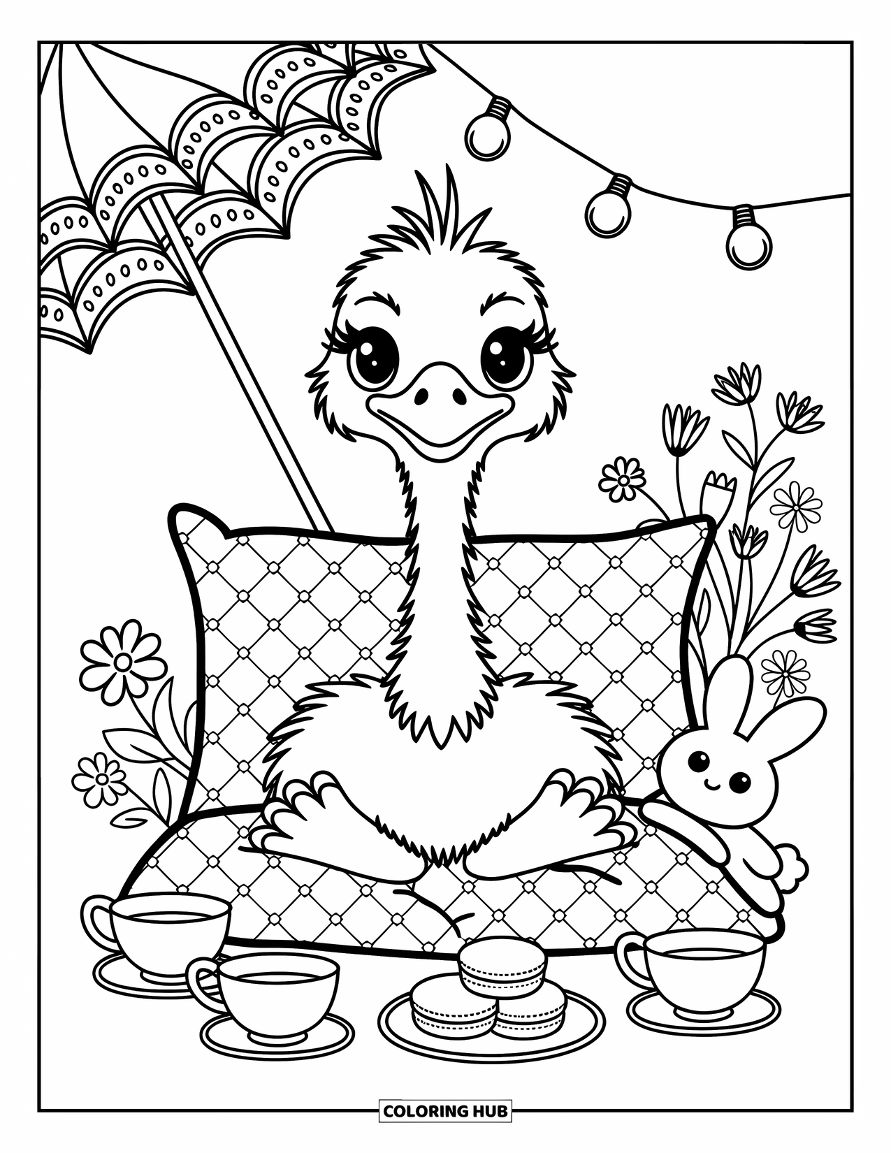 Ostrich Coloring Page for Adults: A relaxed ostrich sits with tea, macarons, a plush bunny, and blooming flowers