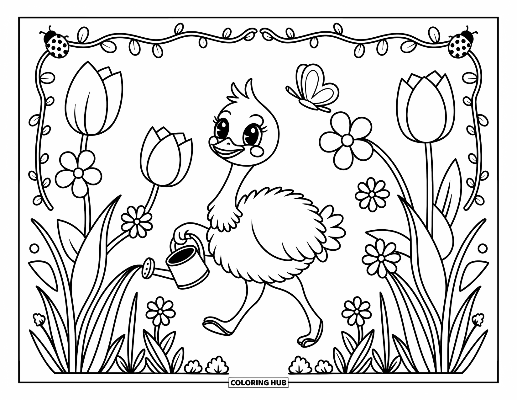 Ostrich Coloring Page for Adults: A sweet ostrich explores a blooming garden with a watering can and playful butterflies