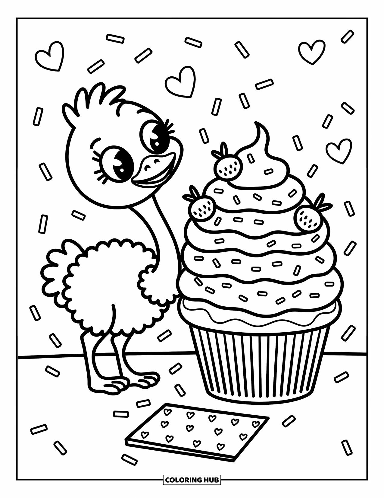 Ostrich Coloring Page for Adults: A sweet ostrich stares at a big cupcake with playful spoons and fruit toppings