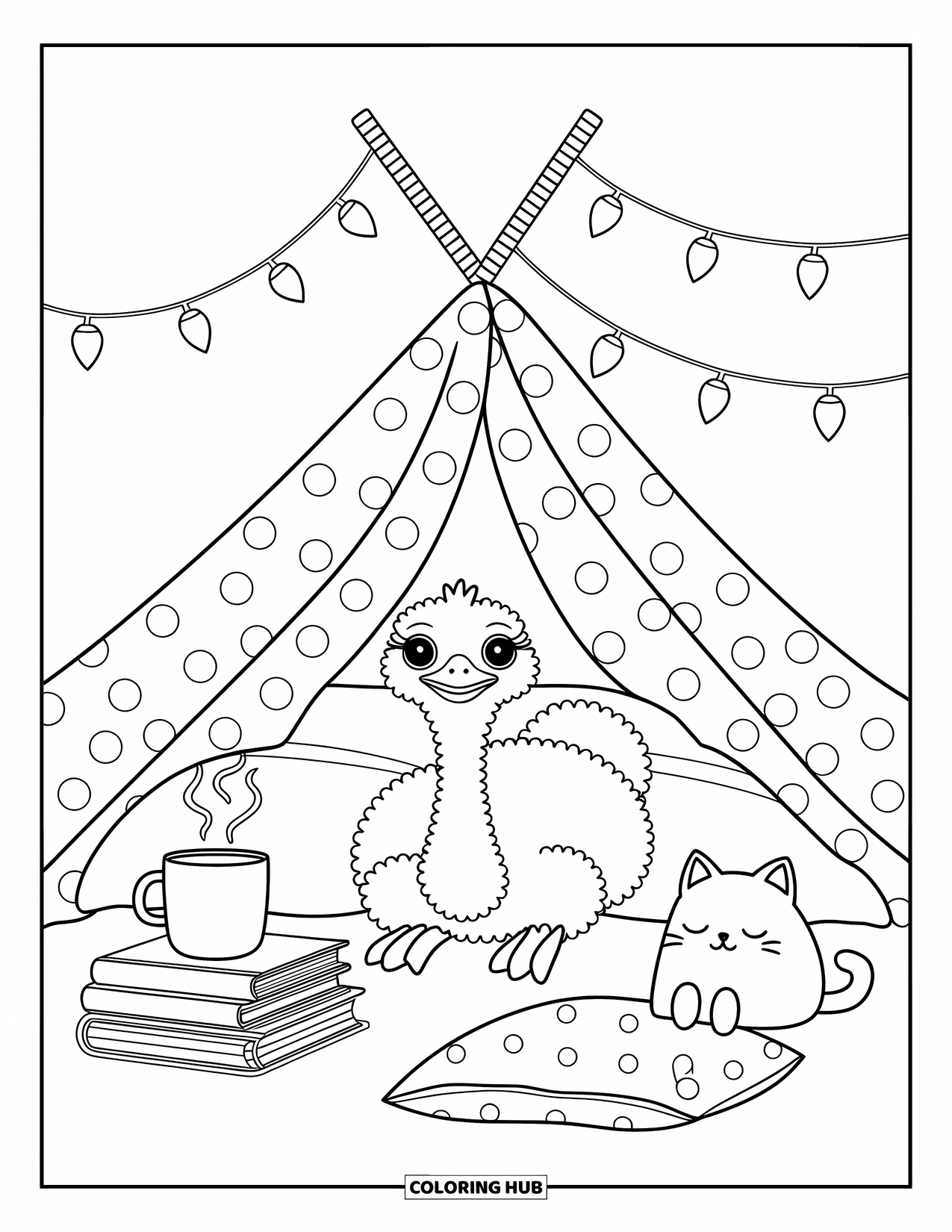 Ostrich Coloring Page for Adults: A tucked-in ostrich peeks from a fort with books, a hot mug, and string lights
