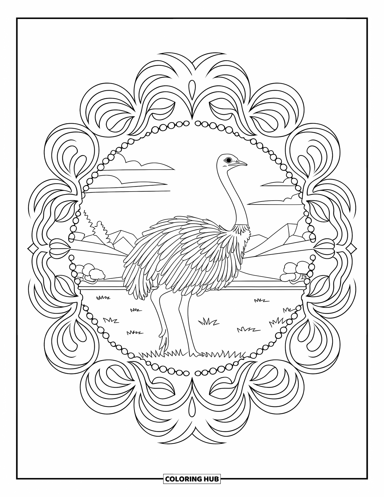 Ostrich Coloring Page for Adults: An elegant ostrich stands in a peaceful landscape filled with curling leaves and dots