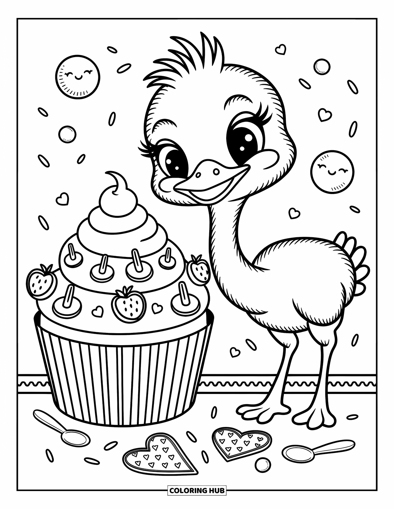 Ostrich Coloring Page for Adults: An ostrich admires a giant cupcake surrounded by sprinkles, spoons, and tiny hearts