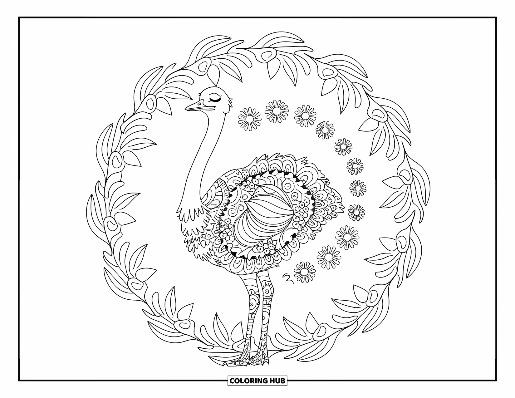 Ostrich Coloring Page for Adults: An ostrich covered in spirals and leaves stands calmly within a detailed mandala