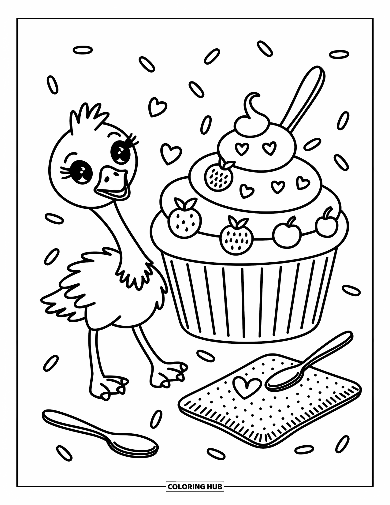 Ostrich Coloring Page for Adults: An ostrich gazes at a giant cupcake with whipped topping and scattered sprinkles