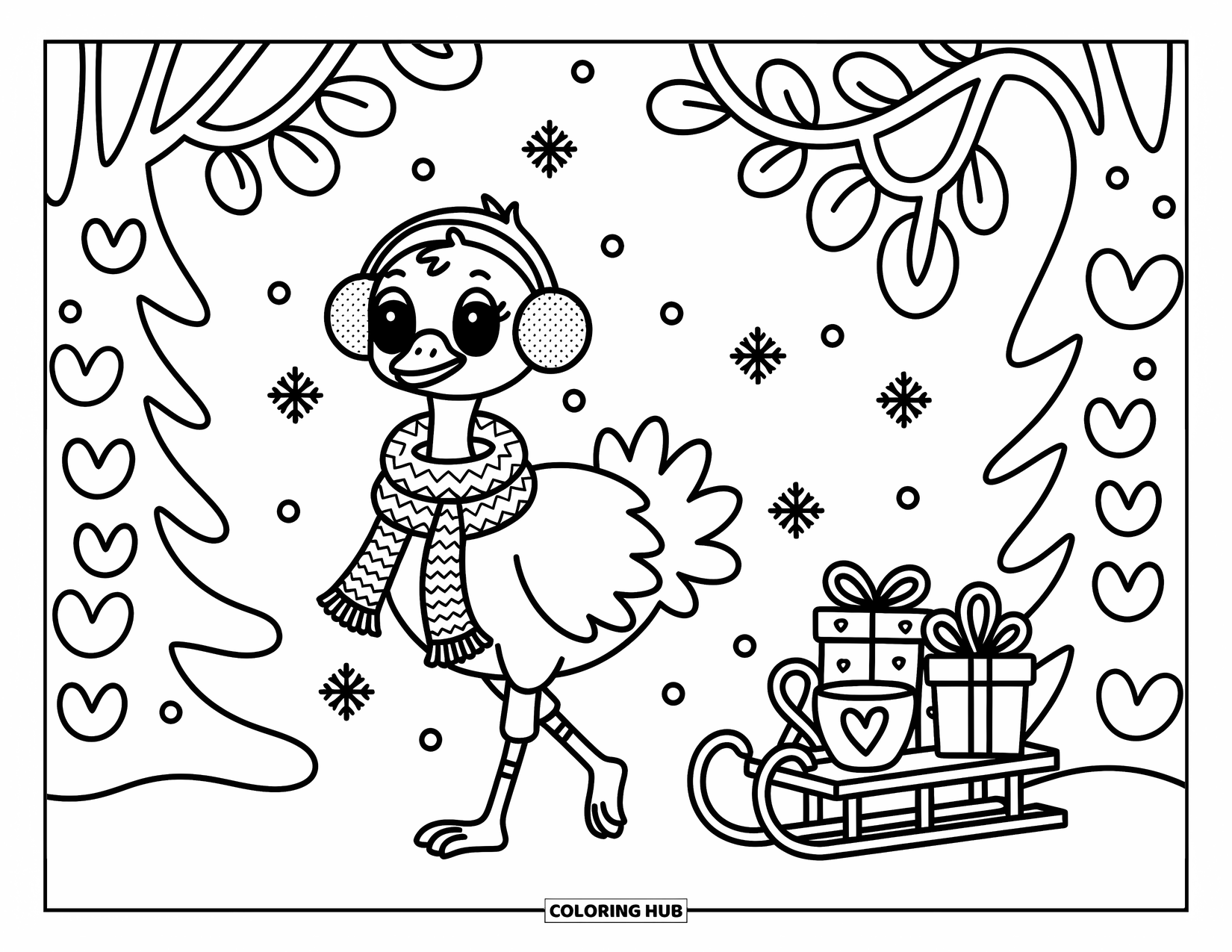 Ostrich Coloring Page for Adults: An ostrich in a scarf waddles past snowy trees with gifts and a warm drink nearby