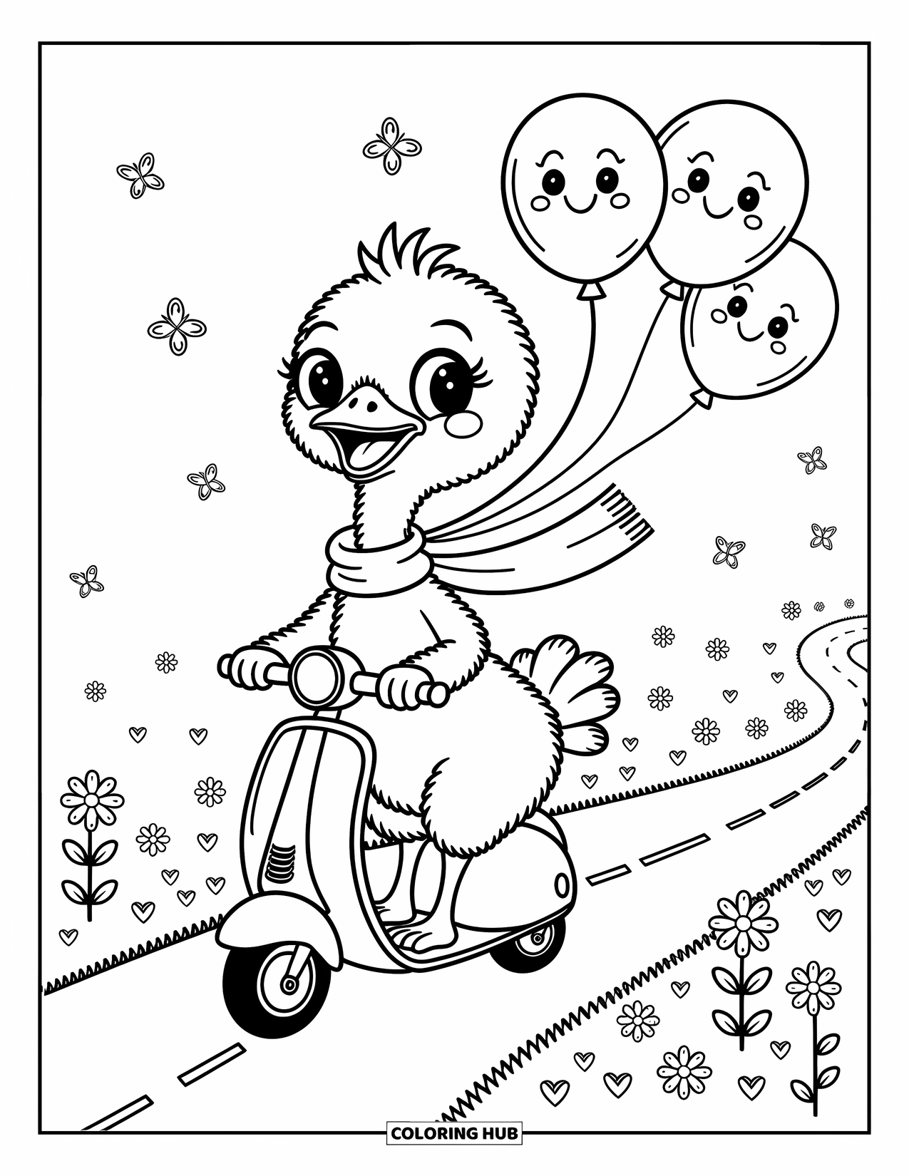 Ostrich Coloring Page for Adults: An ostrich rides a scooter with joyful balloons, flowers, and leaves along the path