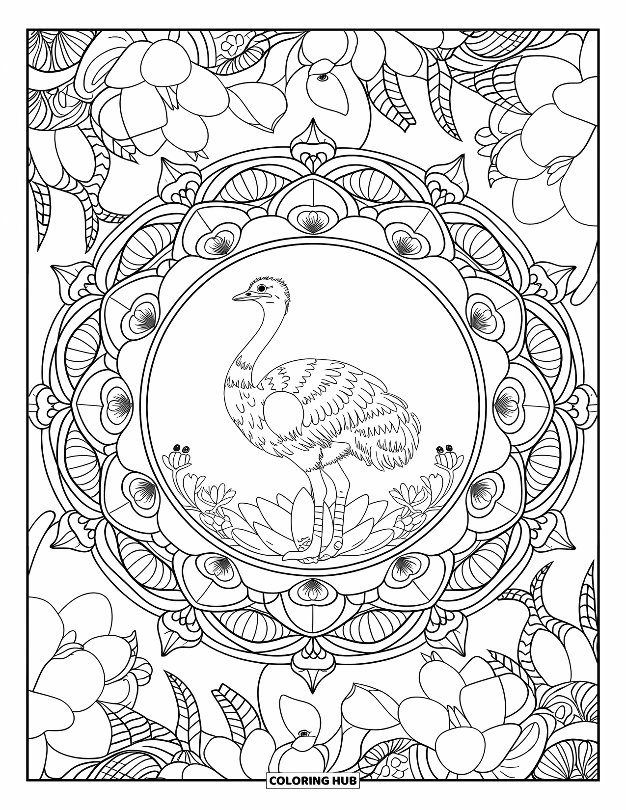 Ostrich Coloring Page for Adults: An ostrich stands on a lotus in a mandala filled with flowers, vines, and hidden animals
