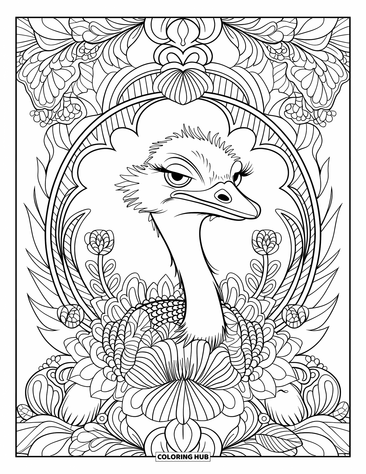 Ostrich Coloring Page for Adults: An ostrich with closed eyes rests among flowers, leaves, and swirling botanical shapes