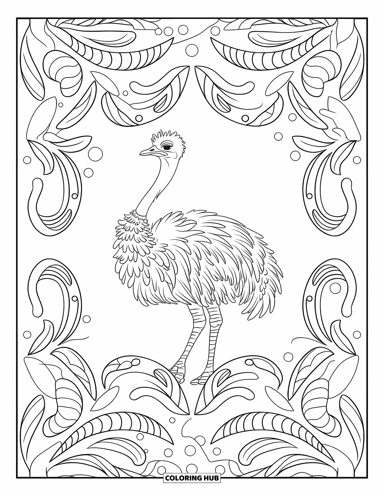 Ostrich Coloring Page for Adults: An ostrich with closed eyes stands in a swirling pattern of leaves and decorative dots