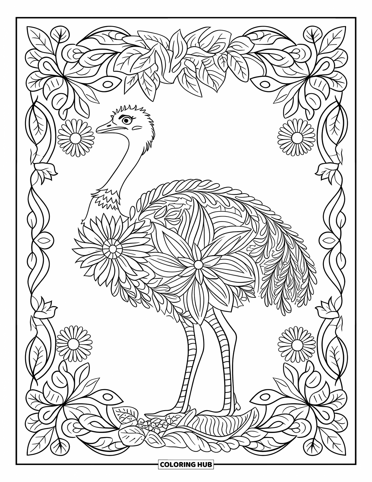 Ostrich Coloring Page for Adults: An ostrich with its head turned is centered in a mandala of flowers and vines