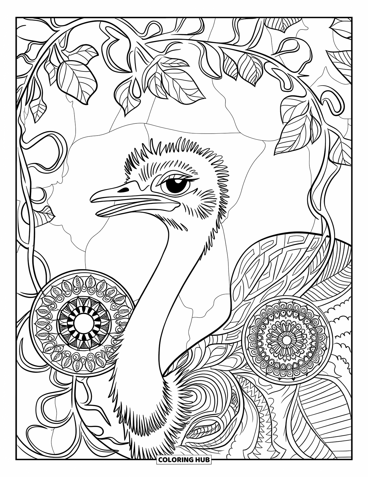 Ostrich Coloring Page for Adults: An ostrich with open beak is surrounded by swirling vines and mandalas of all sizes