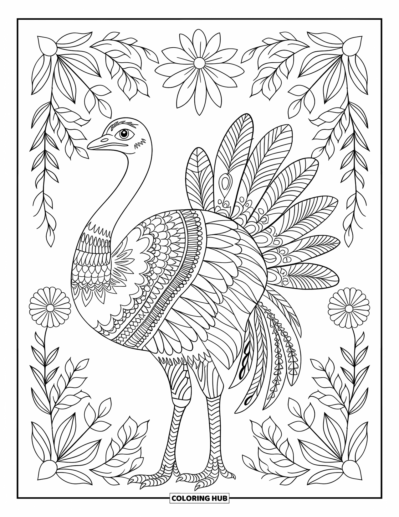 Ostrich Coloring Page for Adults: An ostrich with patterned feathers stands in a full-page mandala of vines and flowers
