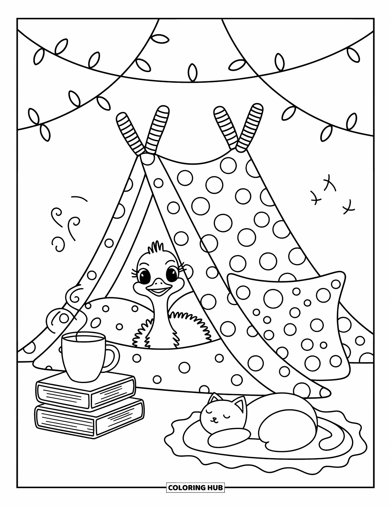 Ostrich Coloring Page for Adults: Inside a blanket fort, an ostrich relaxes with books, a warm drink, and cozy lights