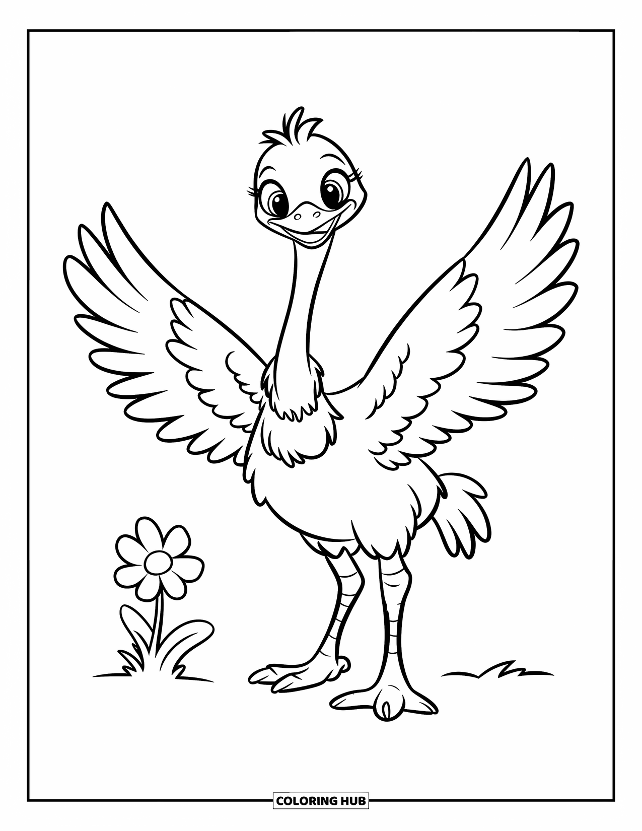 Ostrich Coloring Page for Kids: A cheerful ostrich stands on one leg beside a flower
