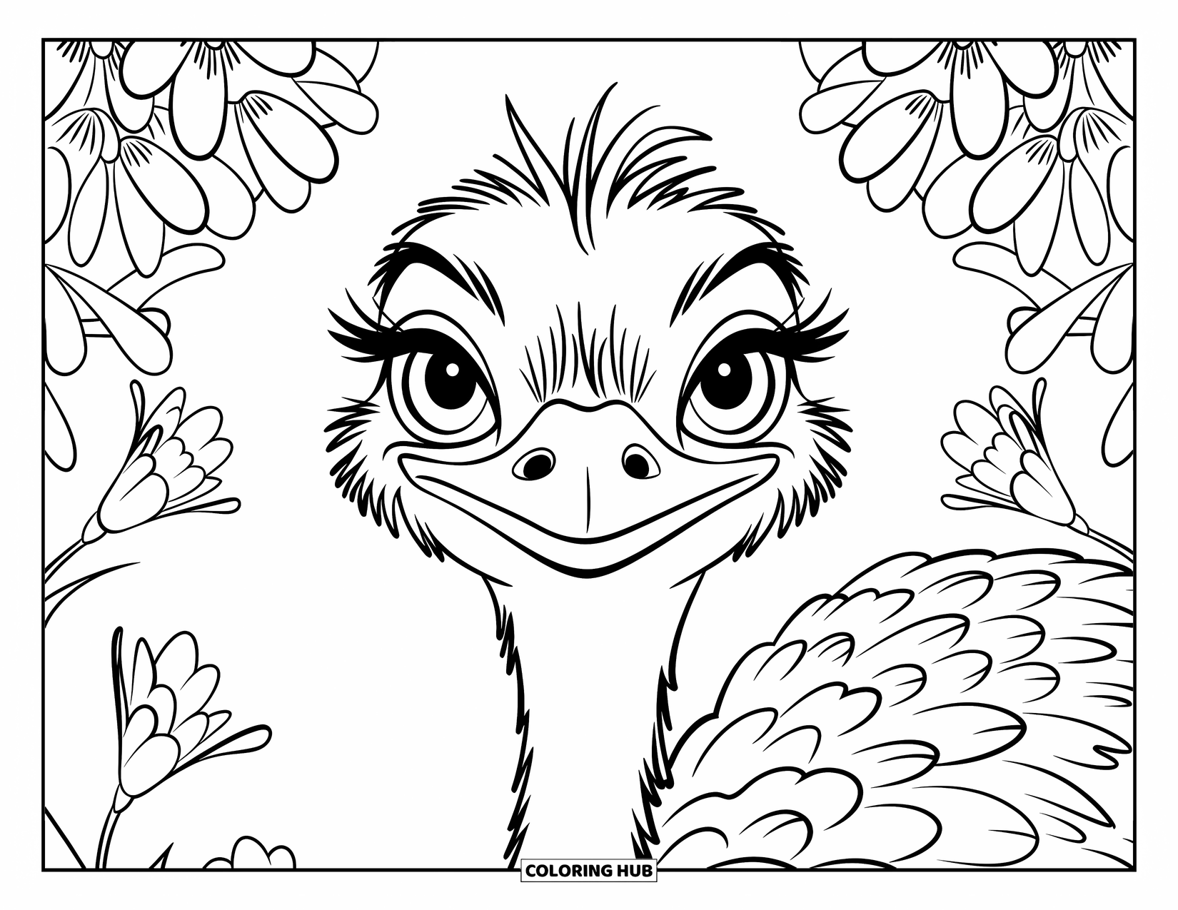 Ostrich Coloring Page for Kids: A curious ostrich peeks out from a crown of cheerful flowers