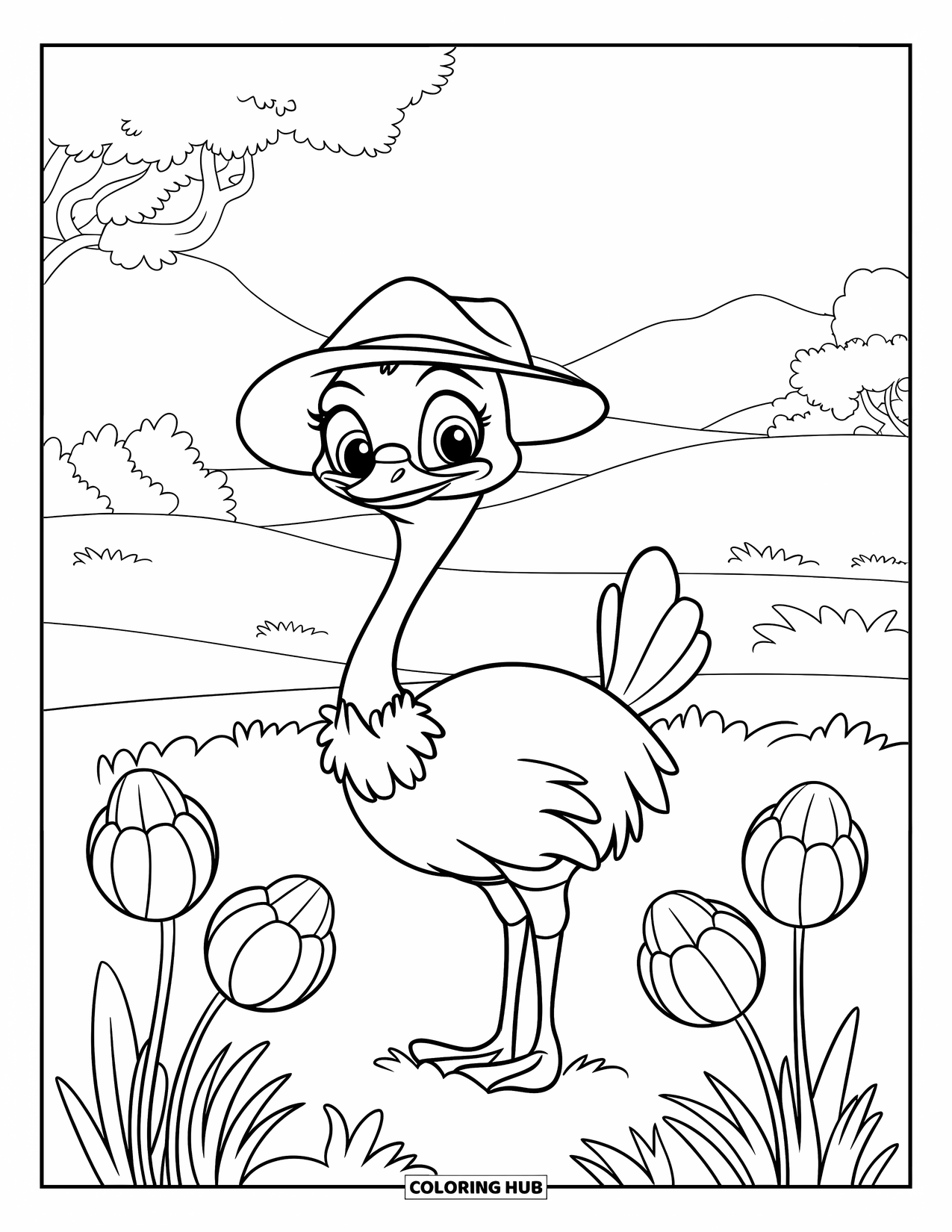 Ostrich Coloring Page for Kids: A cute ostrich wearing a hat stands in a field of big flowers