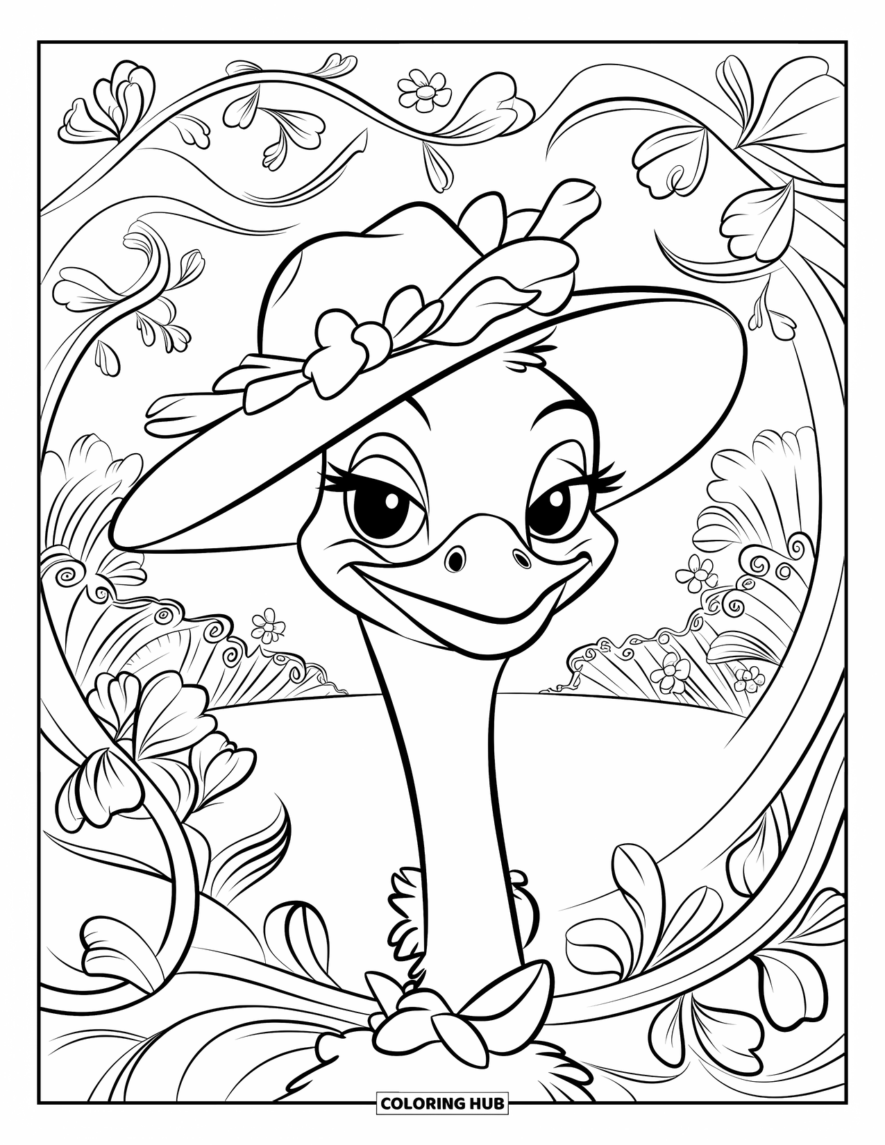 Ostrich Coloring Page for Kids: A fashionable ostrich in a garden blooms with flowers and swirly vines