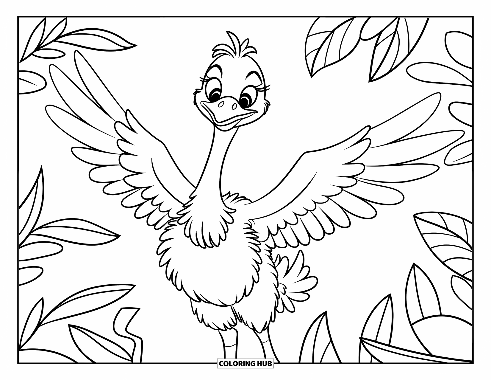 Ostrich Coloring Page for Kids: A fuzzy ostrich flaps its wings playfully among curved leaves