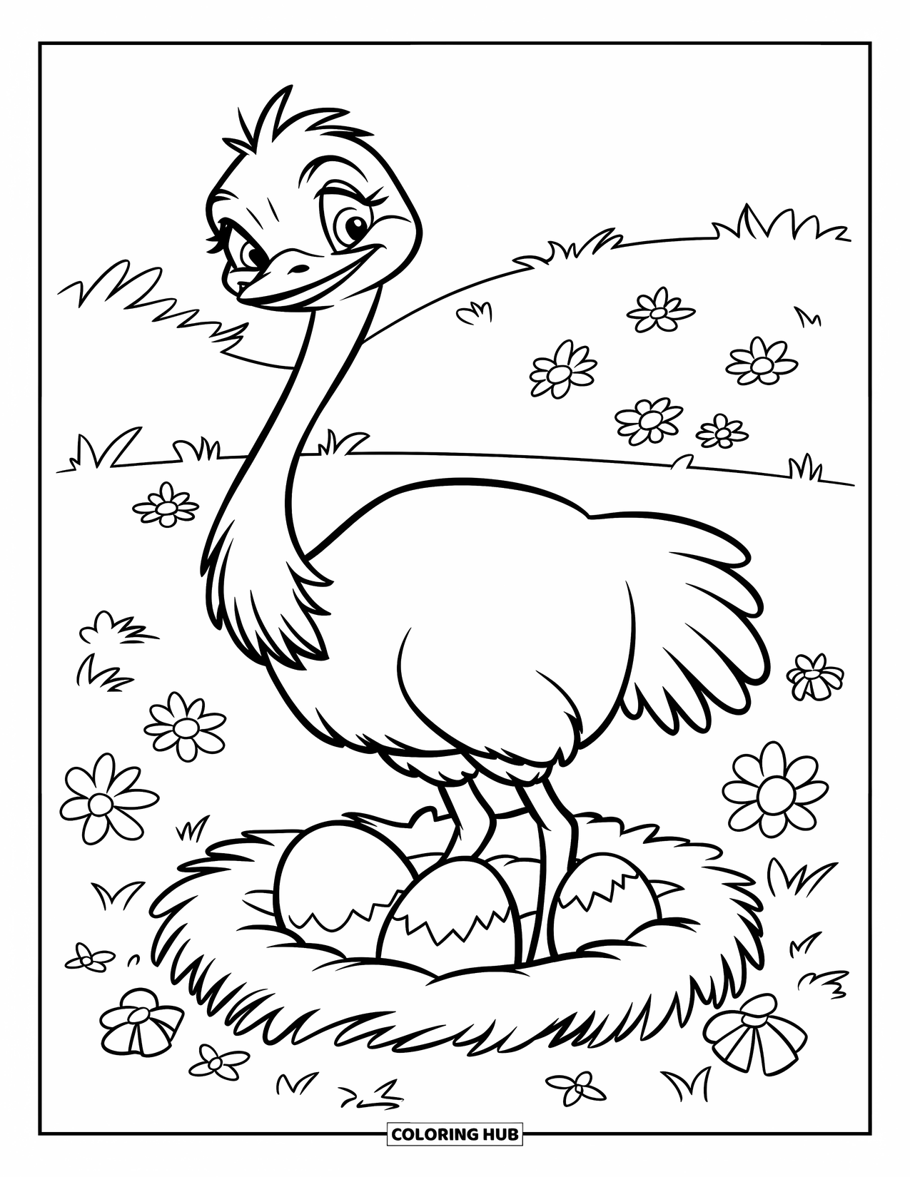 Ostrich Coloring Page for Kids: A mama ostrich stands by her eggs in a soft flower-filled nest