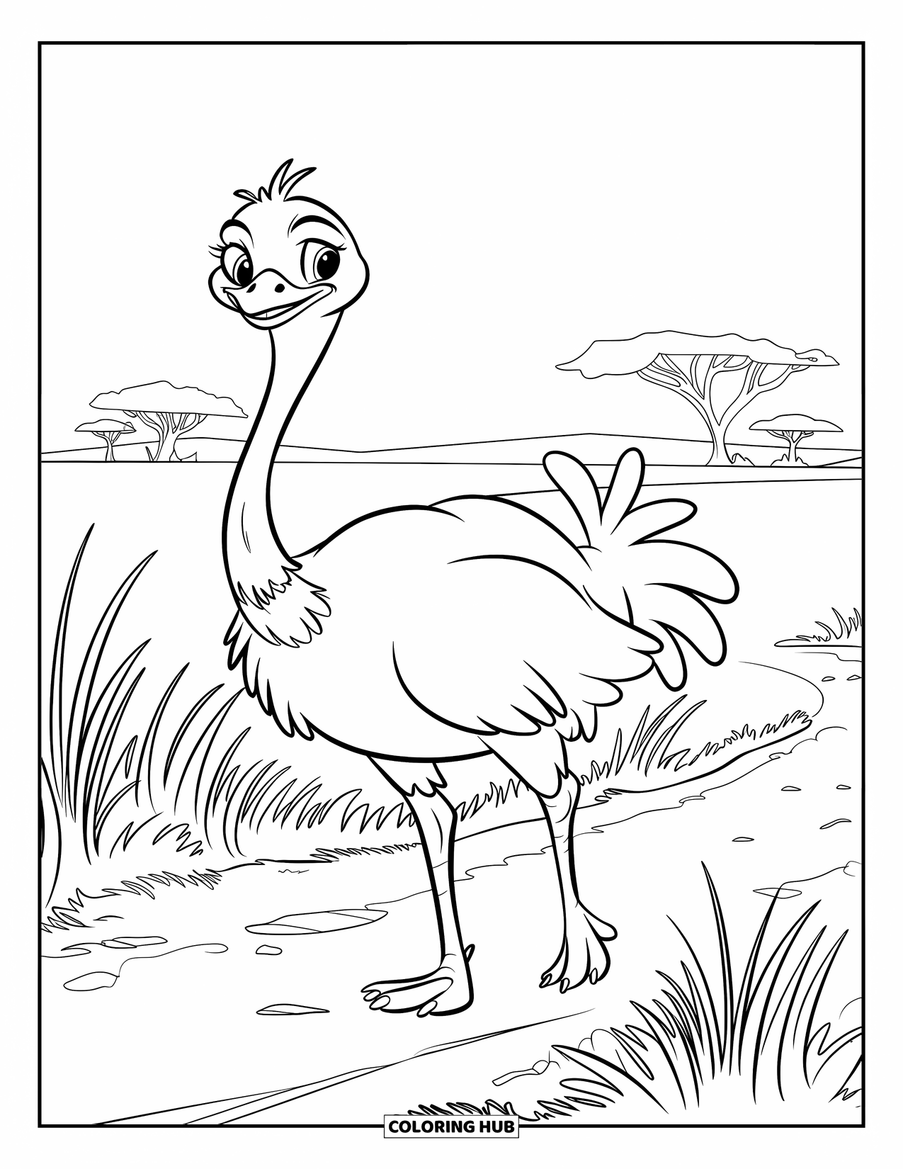 Ostrich Coloring Page for Kids: A proud ostrich struts through the tall grass of a peaceful savannah