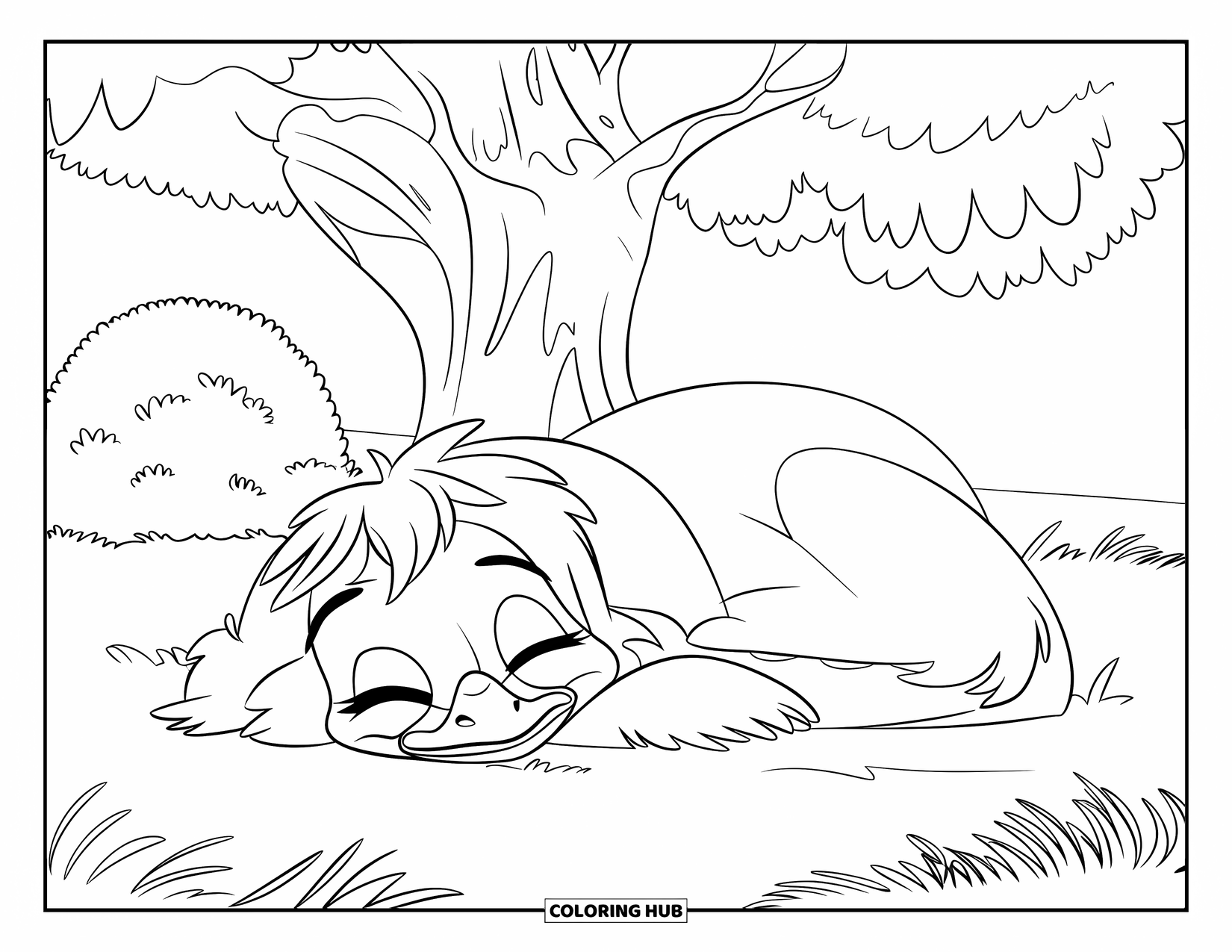 Ostrich Coloring Page for Kids: A sleepy ostrich lies peacefully under a big leafy tree