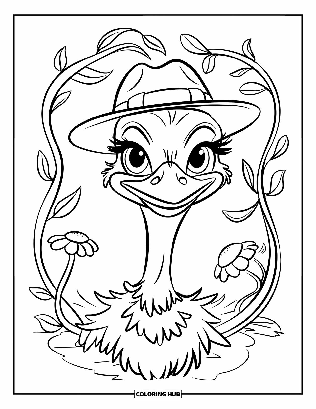 Ostrich Coloring Page for Kids: An ostrich in a fedora poses with swirly vines and bold flowers