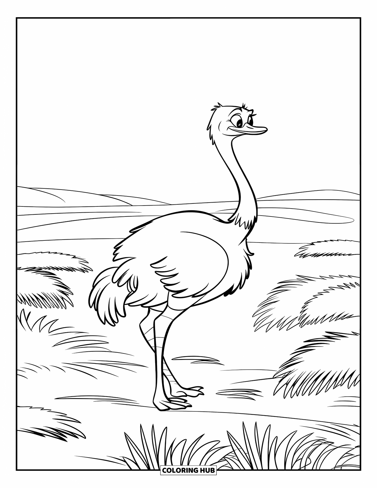 Ostrich Coloring Page for Kids: An ostrich looks out over a quiet desert plain with scattered shrubs