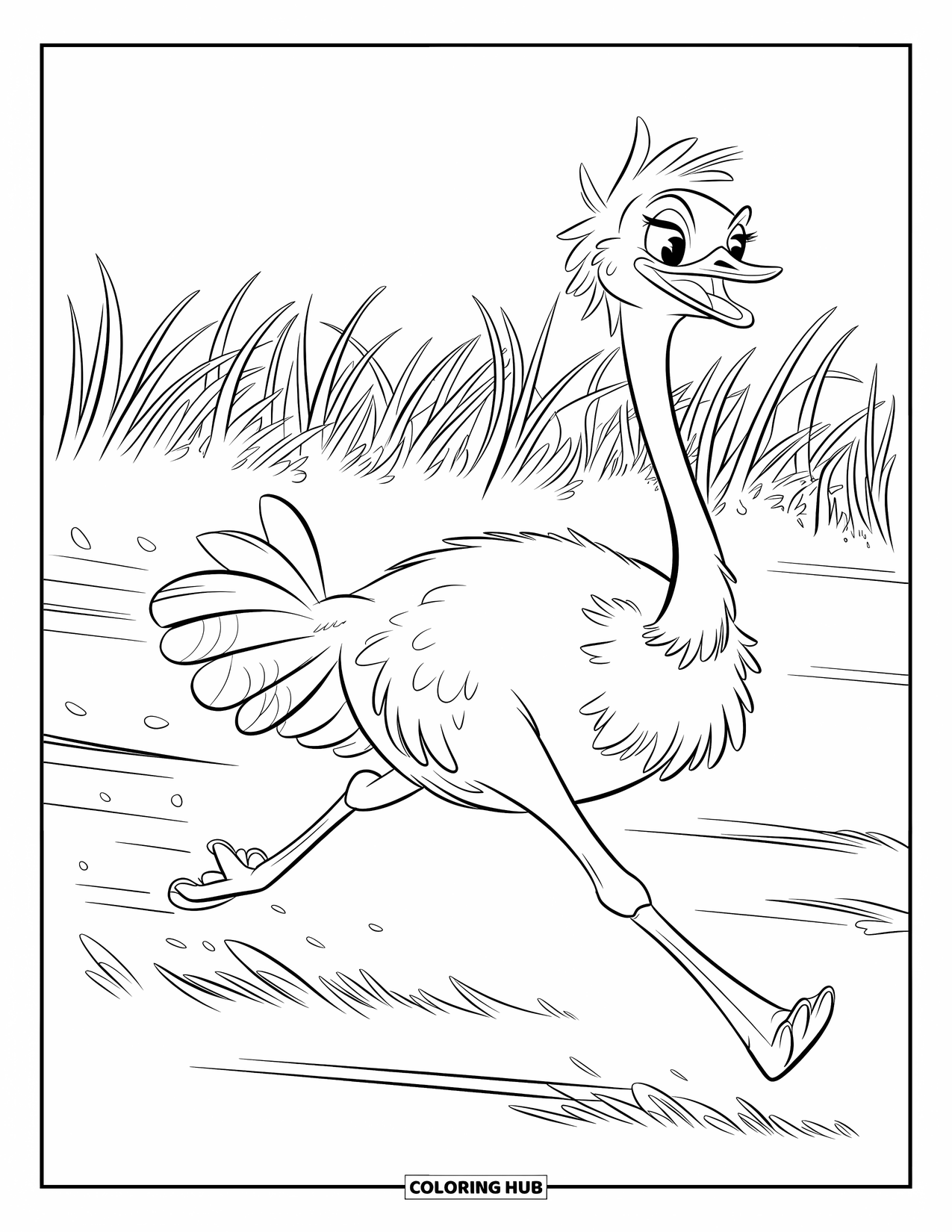 Ostrich Coloring Page for Kids: An ostrich runs full speed through a grassy field with dust flying