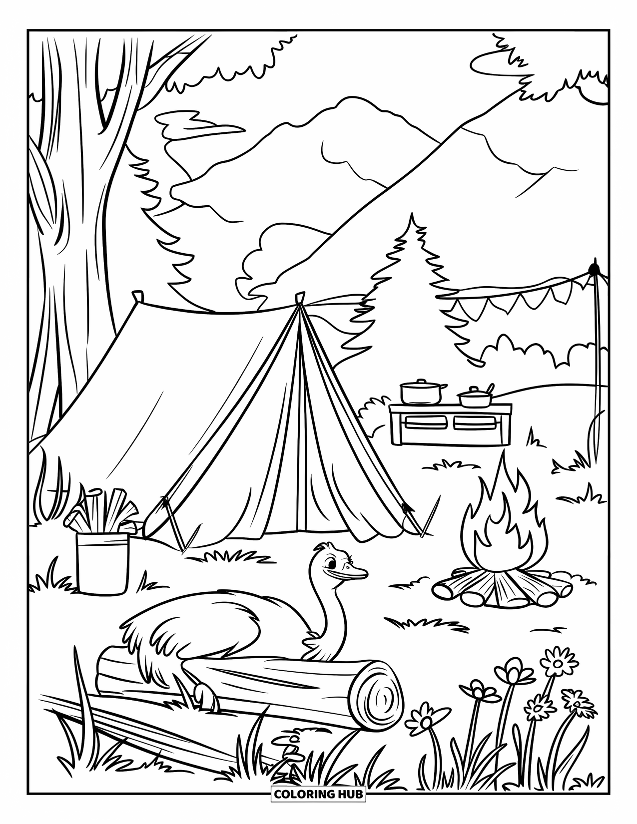 Ostrich Coloring Page for Kids: Camping ostrich relaxes by a log, surrounded by trees and flowers
