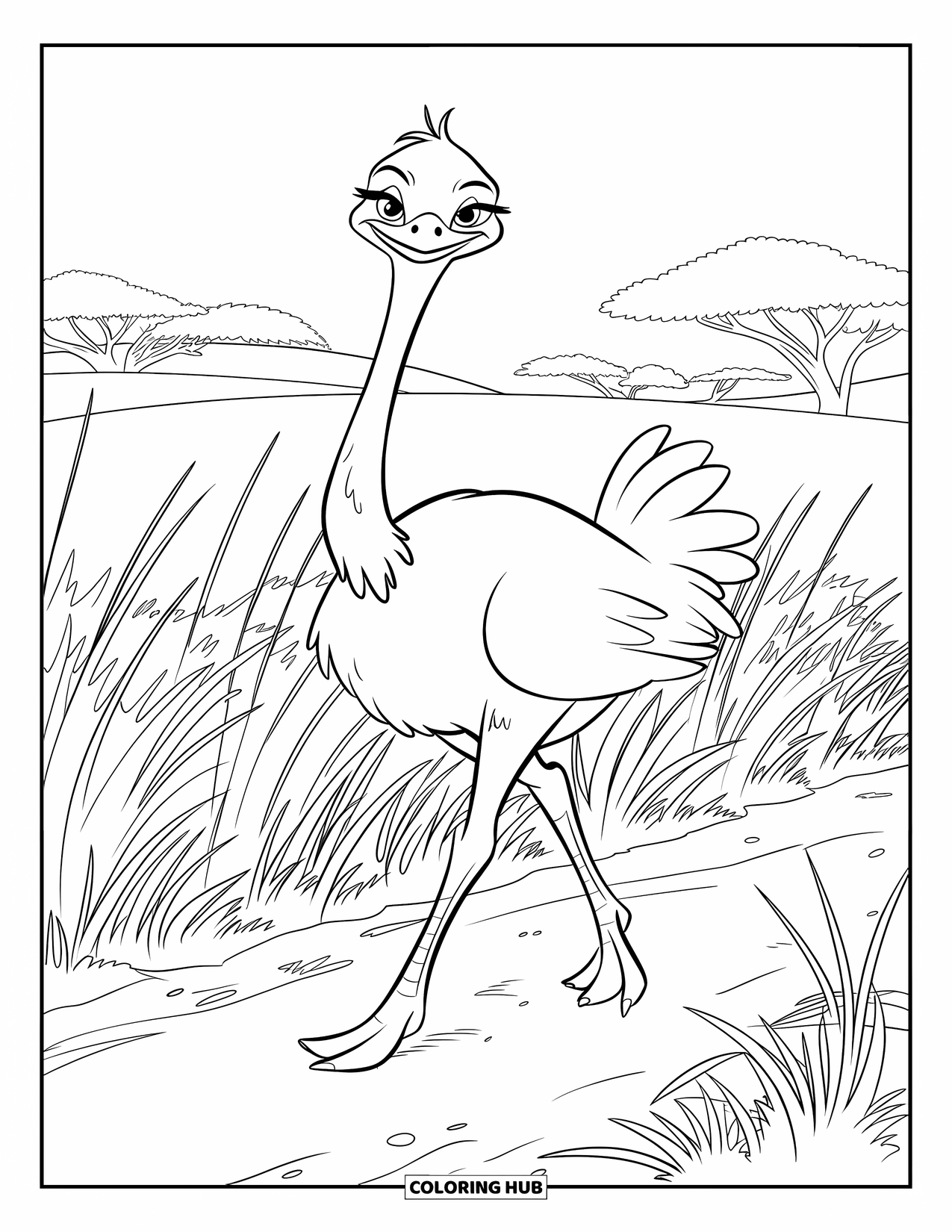 Ostrich Coloring Page for Kids: Confident ostrich walks down a dusty trail in the golden grasslands