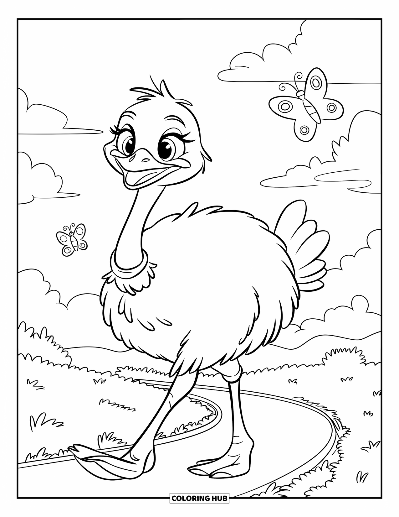 Ostrich Coloring Page for Kids: Fluffy ostrich in a collar walks a flowery path with butterflies