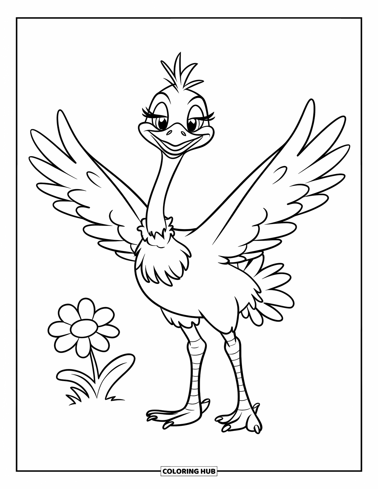 Ostrich Coloring Page for Kids: Happy ostrich poses on one leg next to a flower
