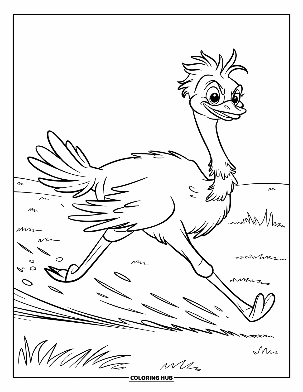 Ostrich Coloring Page for Kids: Mid-run ostrich dashes through grass with feathers flying back