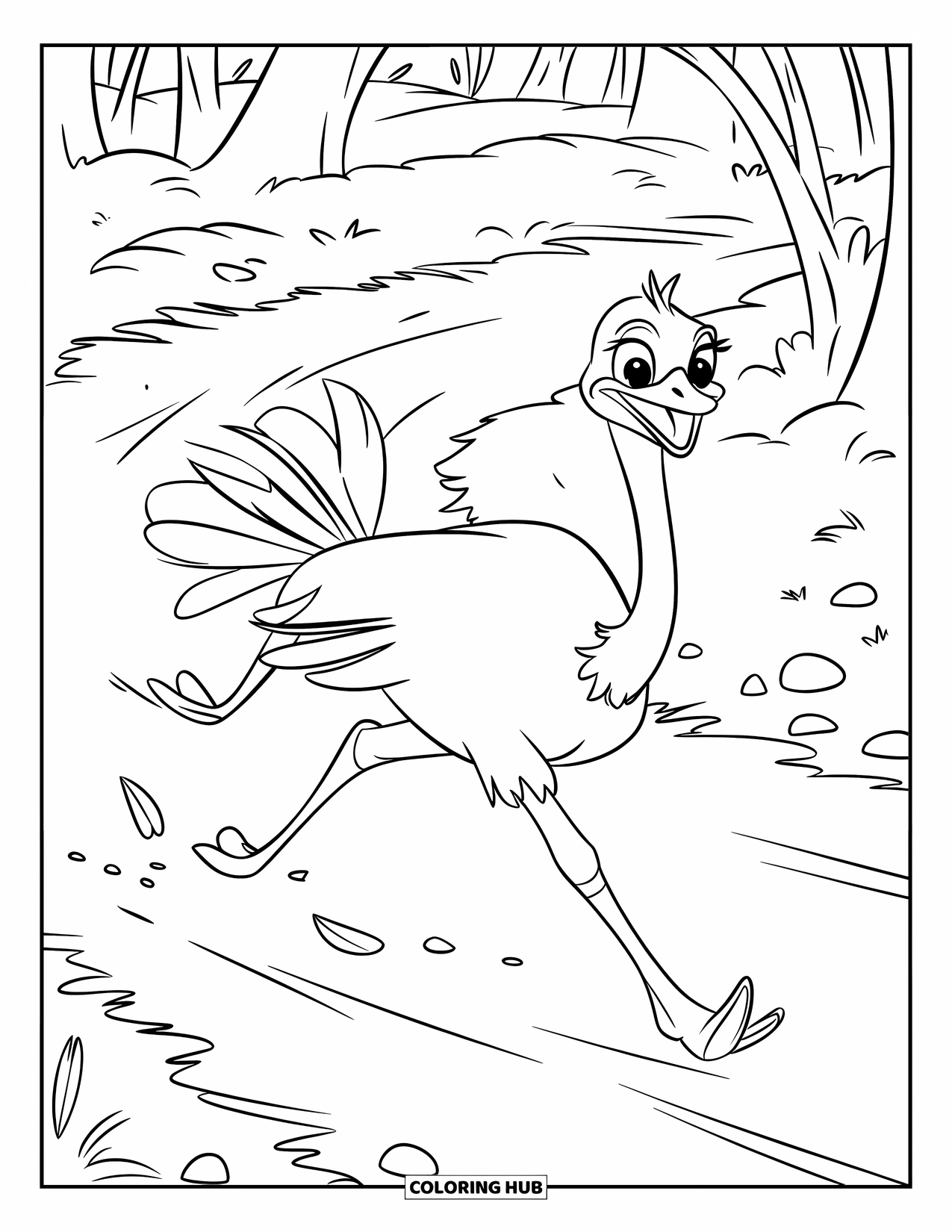 Ostrich Coloring Page for Kids: Ostrich dashes along a trail with trees overhead and feathers in motion