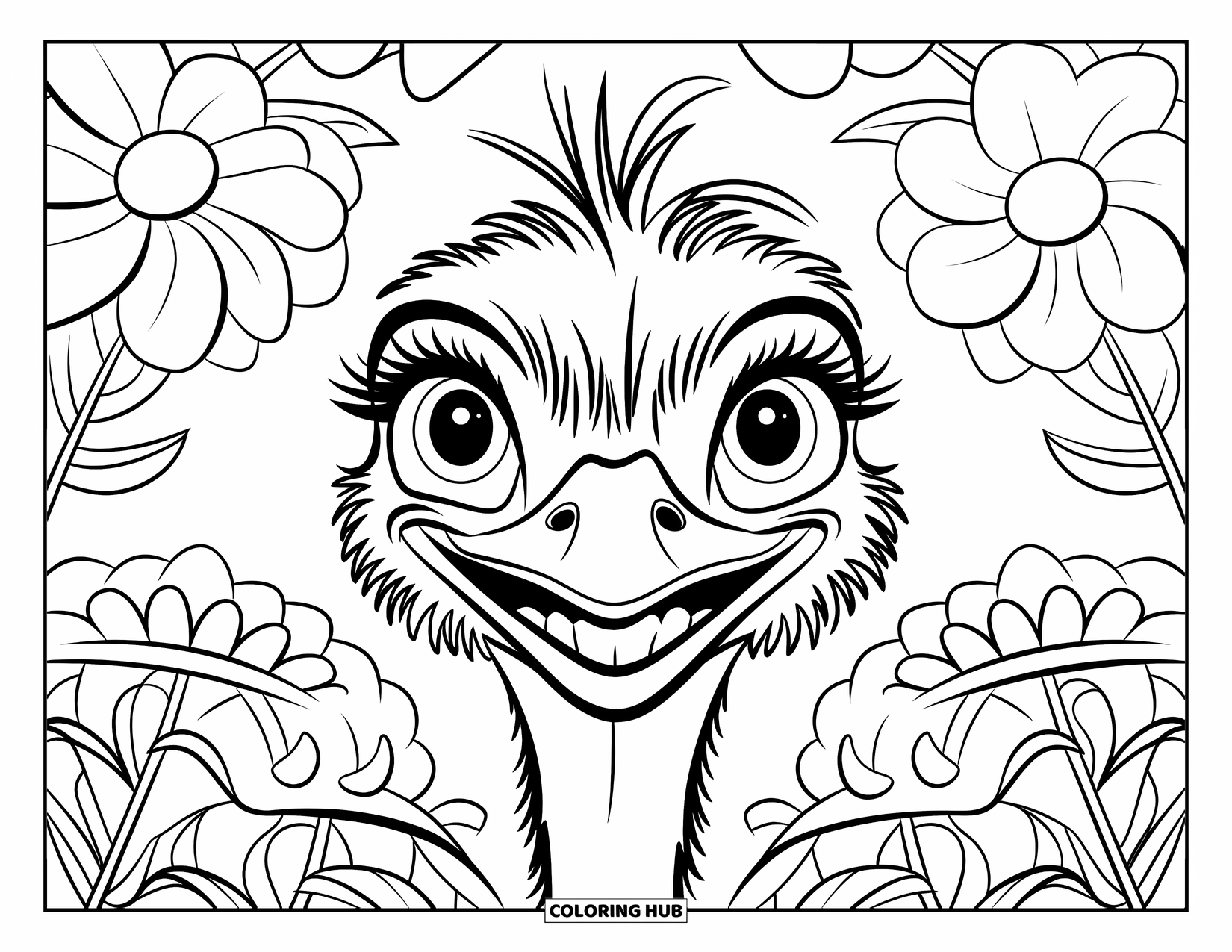 Ostrich Coloring Page for Kids: Ostrich face smiles brightly, framed by bold, blooming flowers