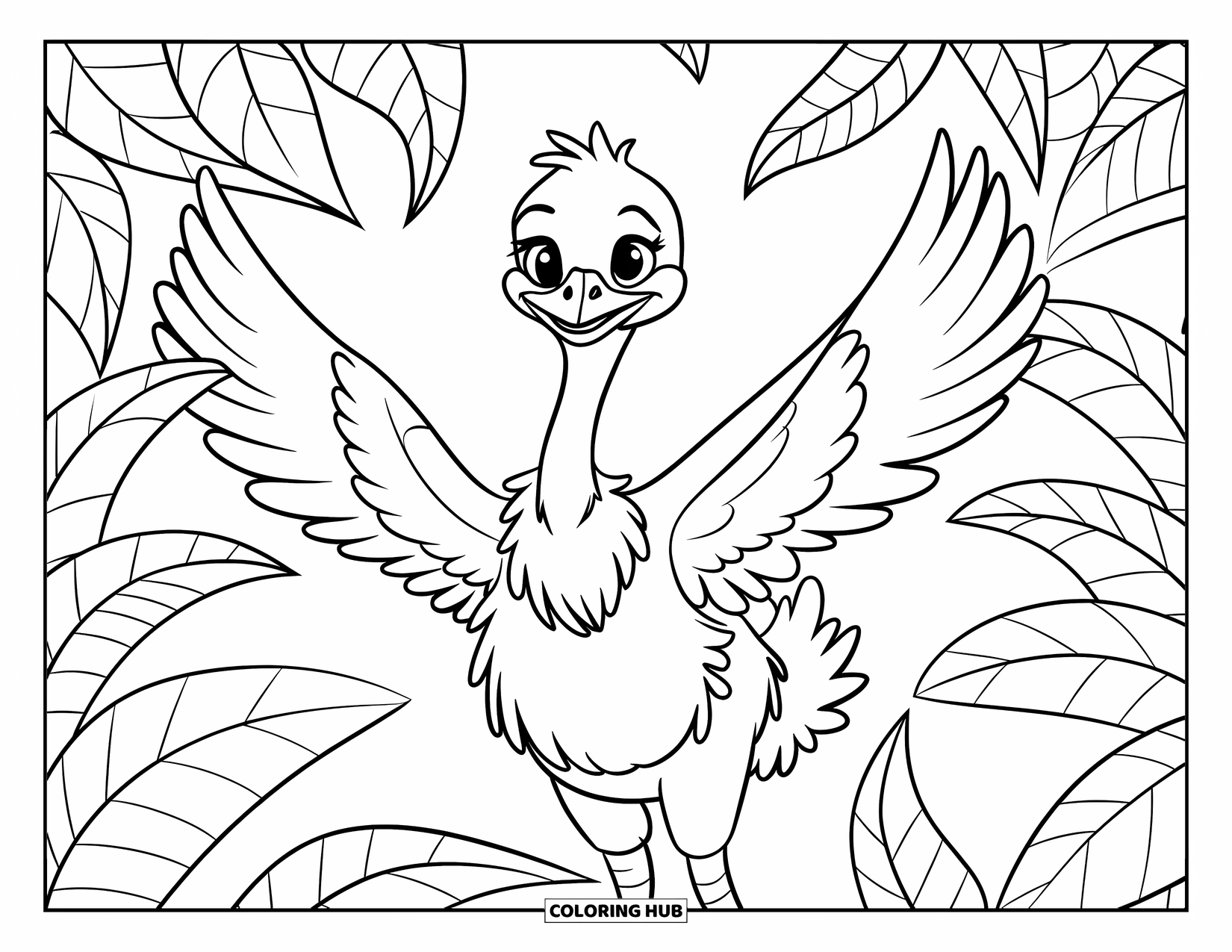 Ostrich Coloring Page for Kids: Ostrich happily flaps its wings, surrounded by curling leaves