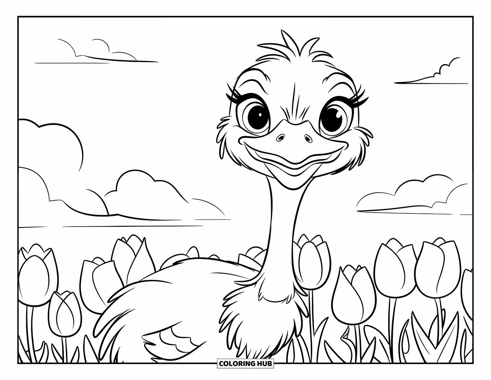 Ostrich Coloring Page for Kids: Ostrich in a striped shirt smiles in a field of tulips and clouds