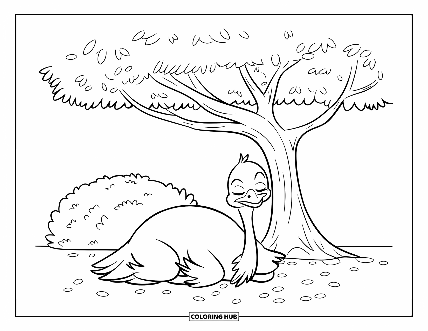 Ostrich Coloring Page for Kids: Ostrich naps beneath a leafy tree and a round, bushy shrub