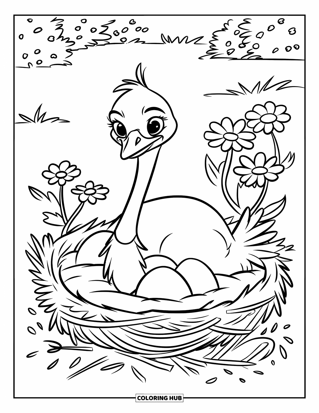Ostrich Coloring Page for Kids: Ostrich watches over her eggs in a nest surrounded by bright blooms
