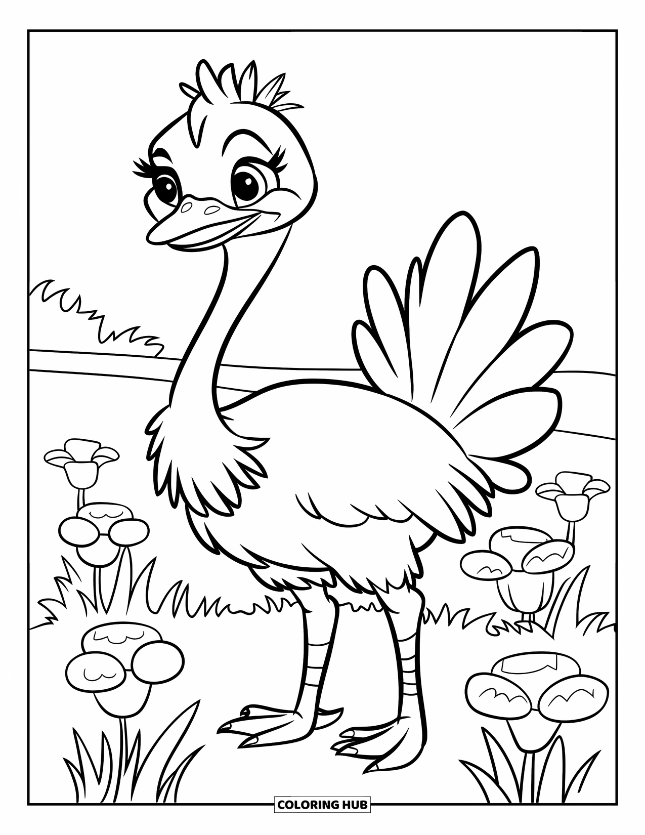Ostrich Coloring Page for Kids: Ostrich with a crown stands in a field of tall, bright flowers