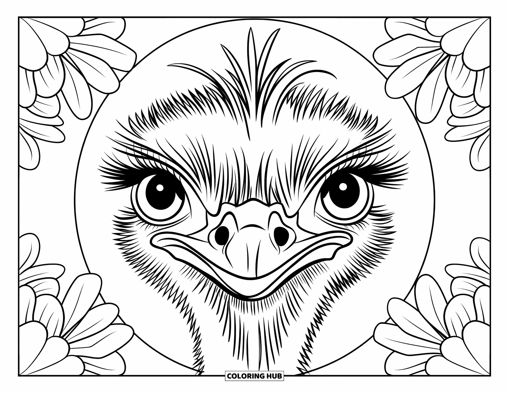 Ostrich Coloring Page for Kids: Ostrich with big eyes is framed by flowers and a clean white circle