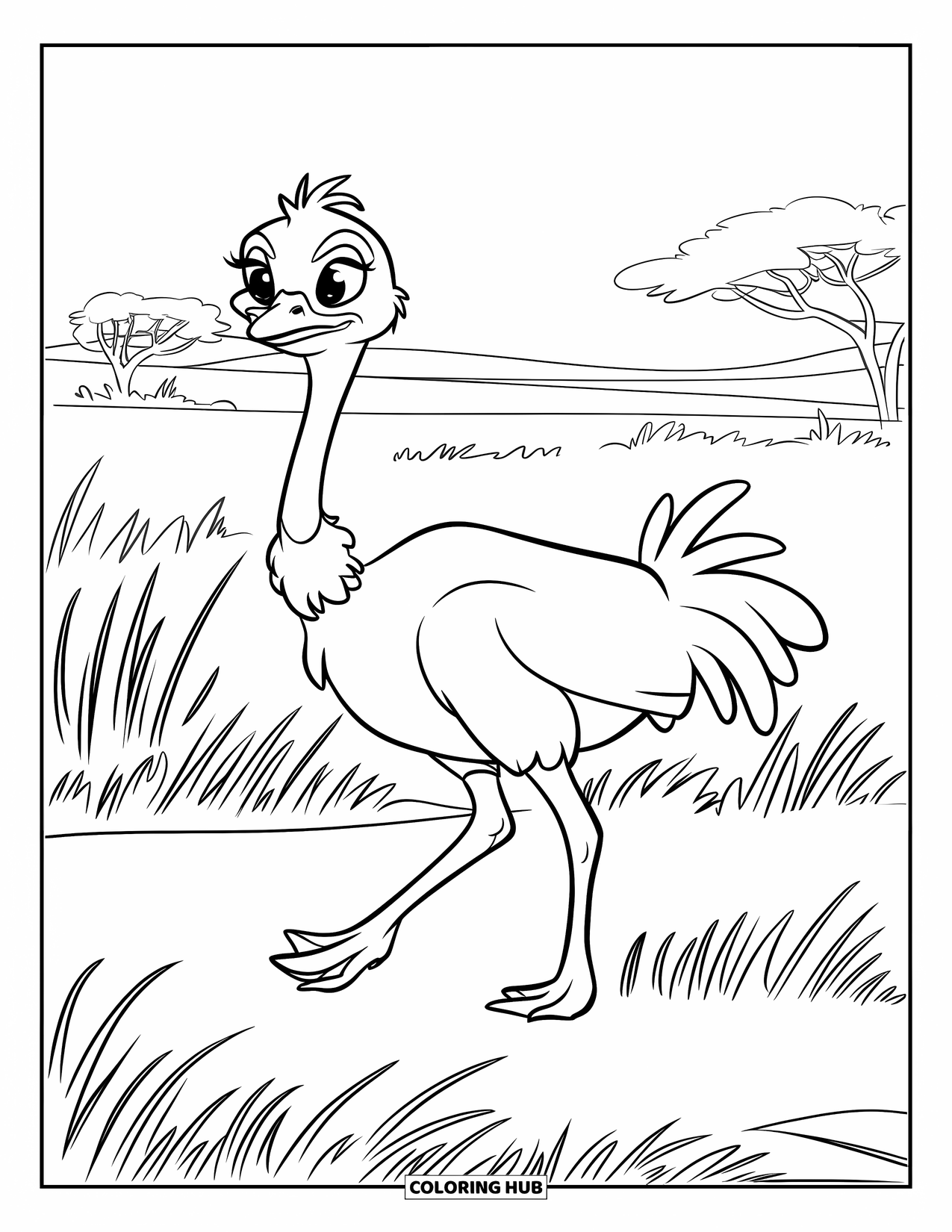 Ostrich Coloring Page for Kids: Ostrich with wide eyes strolls through the sunny savannah