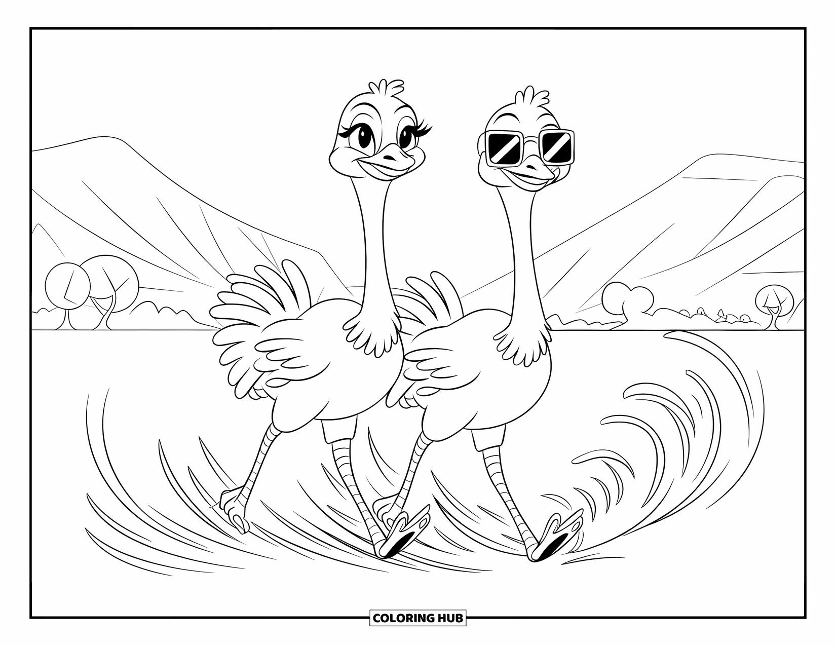 Ostrich Coloring Page for Kids: Ostriches in sunglasses strut in sync with spiraled grass and a peaceful view
